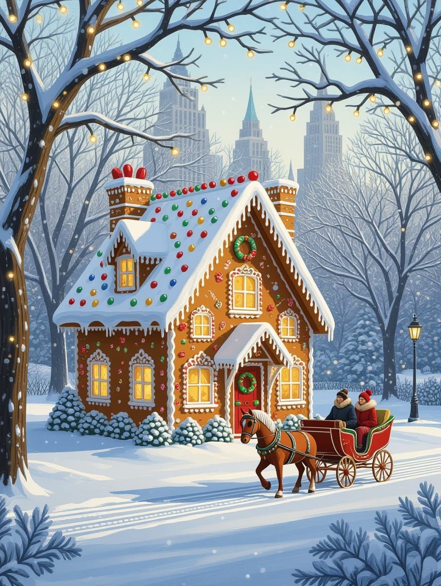 Gingerbread House in Snowy Central Park: Digital Matte Paint...