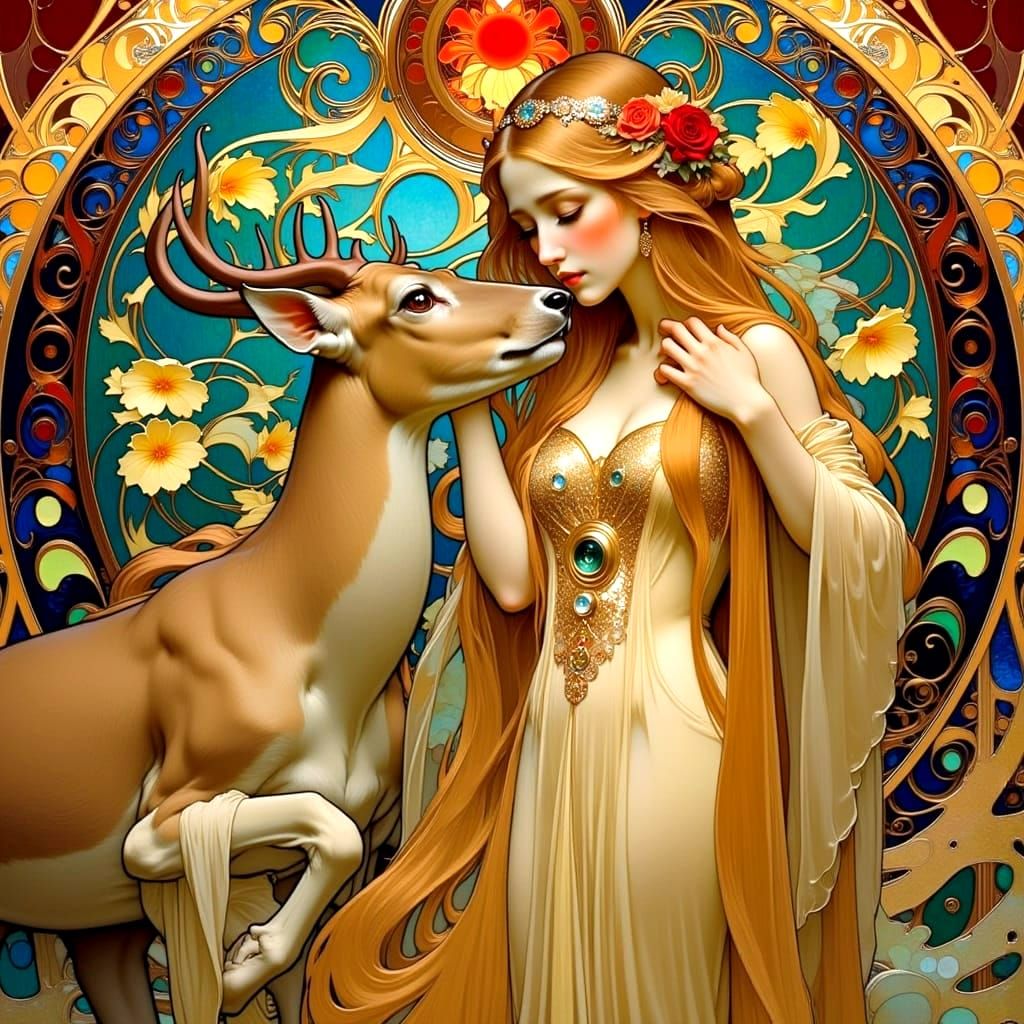 Surreal Art Nouveau Portrait of Woman and Deer in Tender Bon...