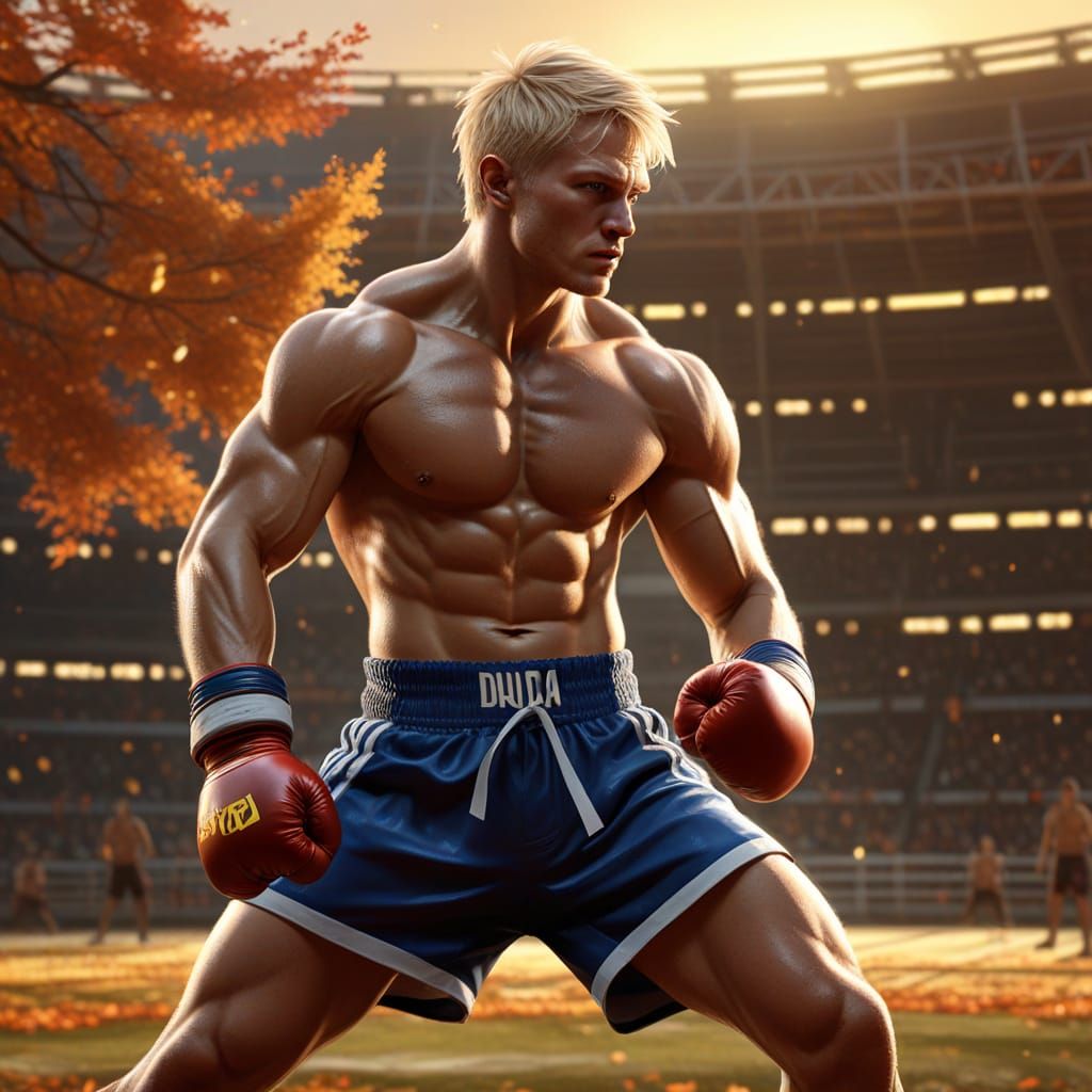 Blond Muay Thai Fighter Under Autumn Stadium Lights