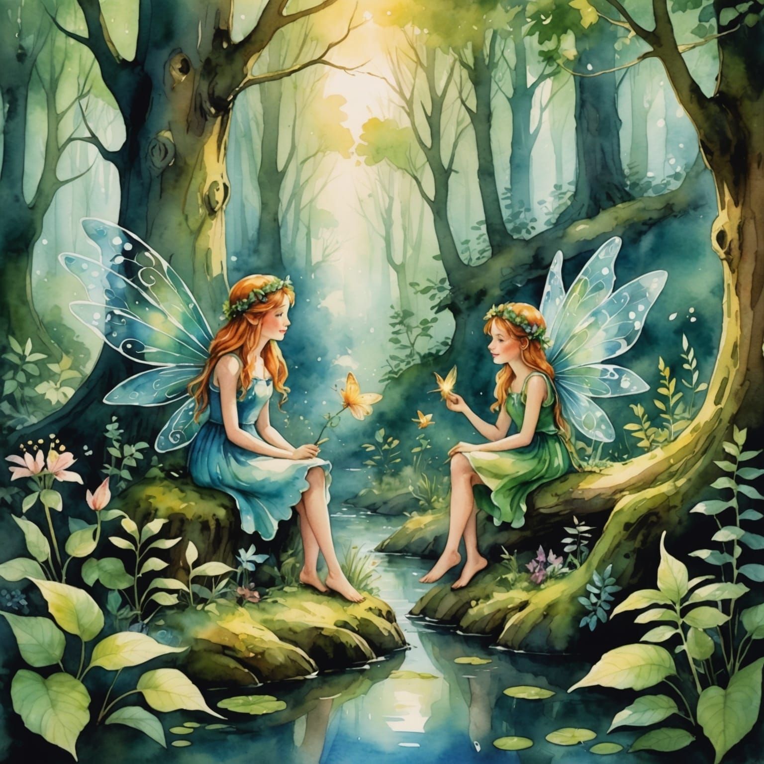 Fairies Chatting in Enchanted Forest: Watercolor Style