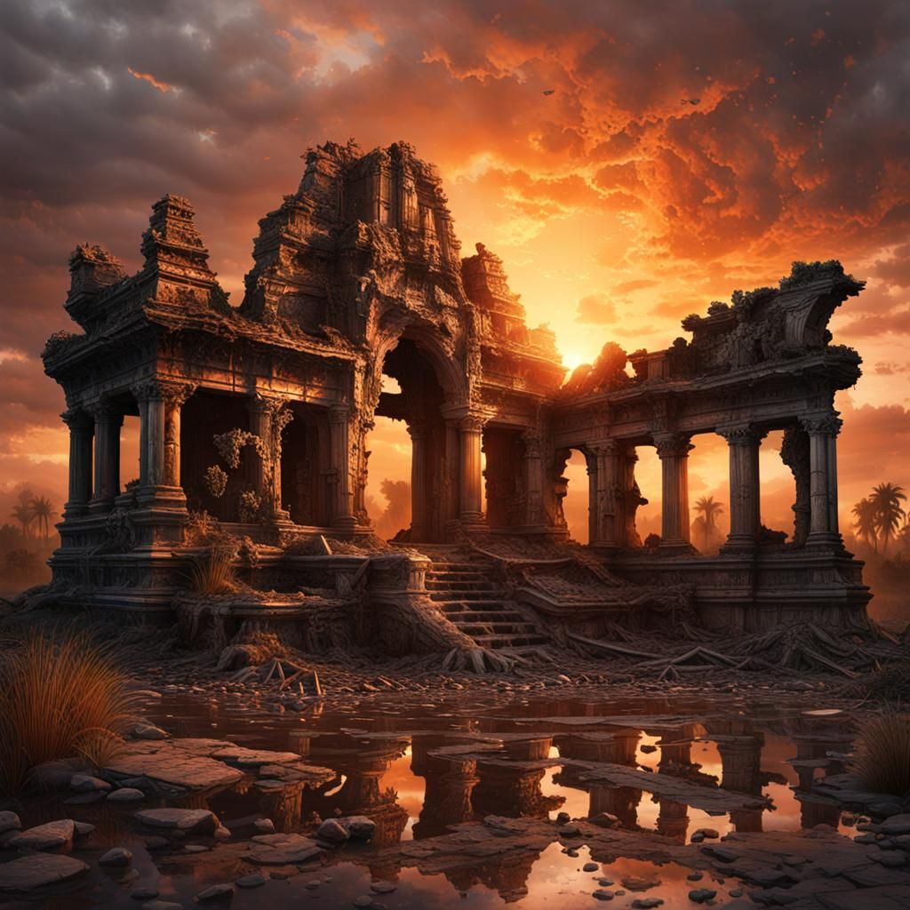 Crumbling Temple at Fiery Sunset: Photorealistic Octane Rend...