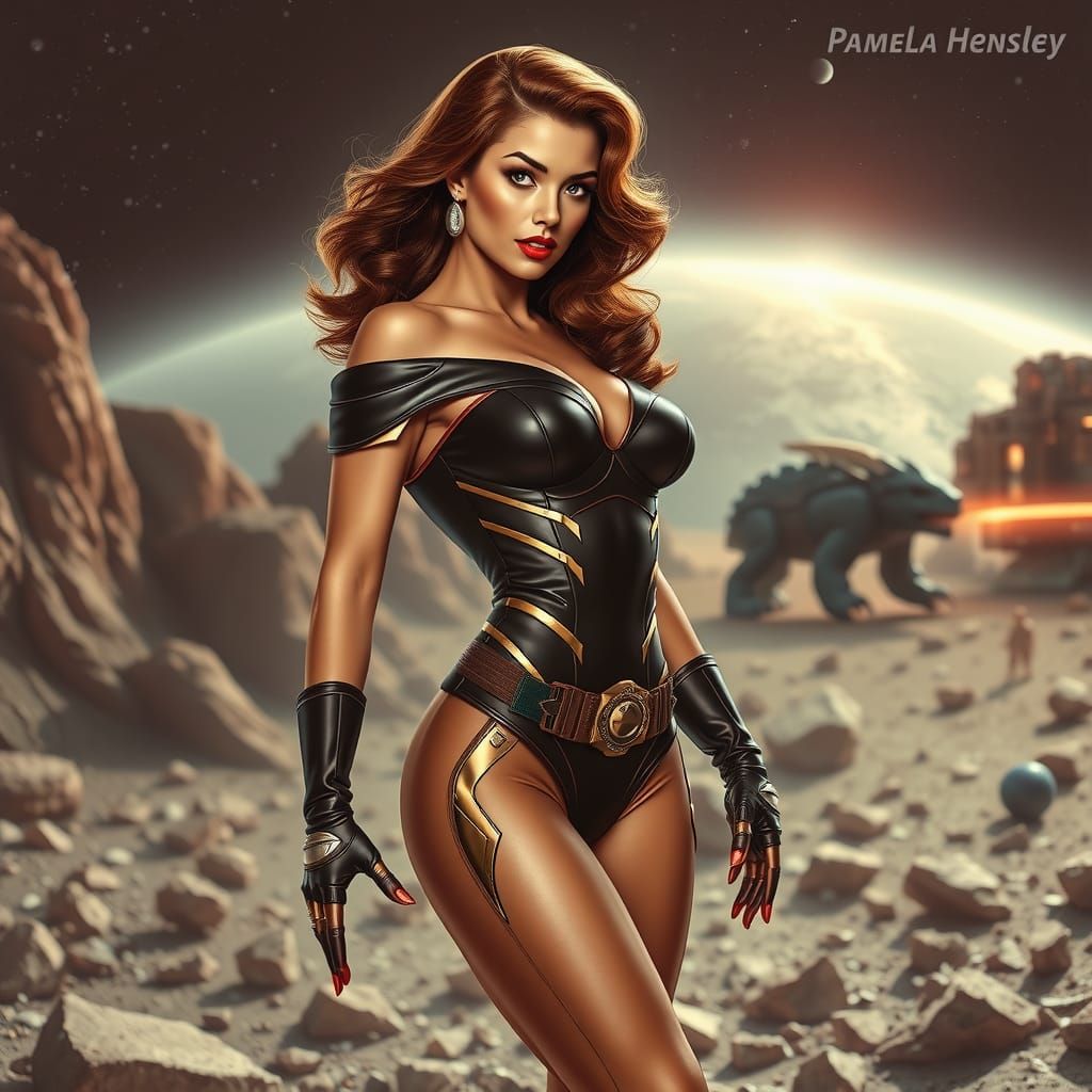 Sci-Fi Pinup Woman Fighting Alien Monster