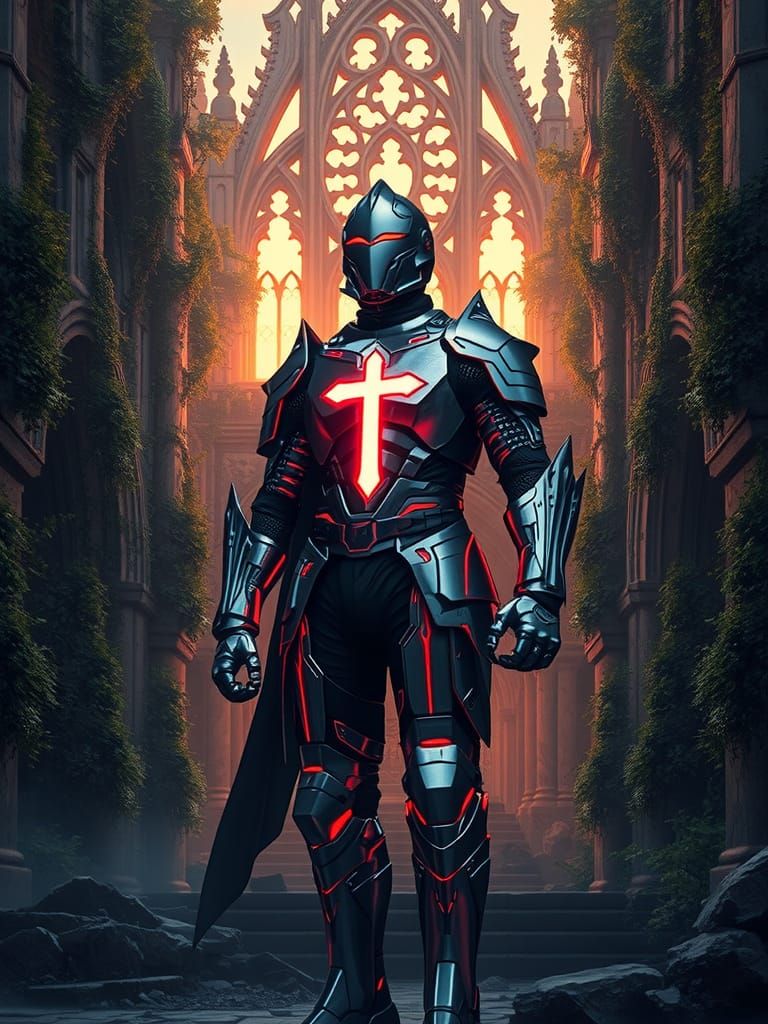Cyber Knight in Gothic Cathedral Ruins