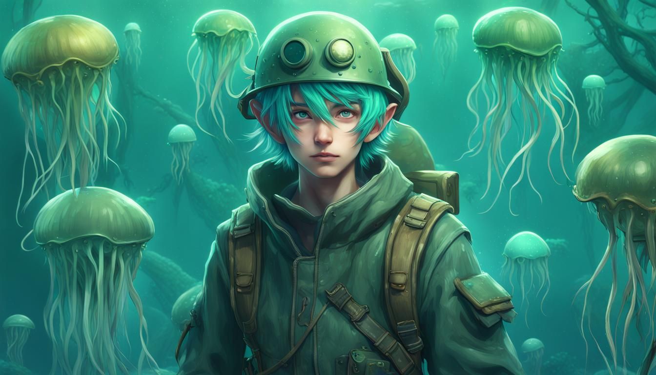 Anime Boy with Stahlhelm and Jellyfish Fantasy