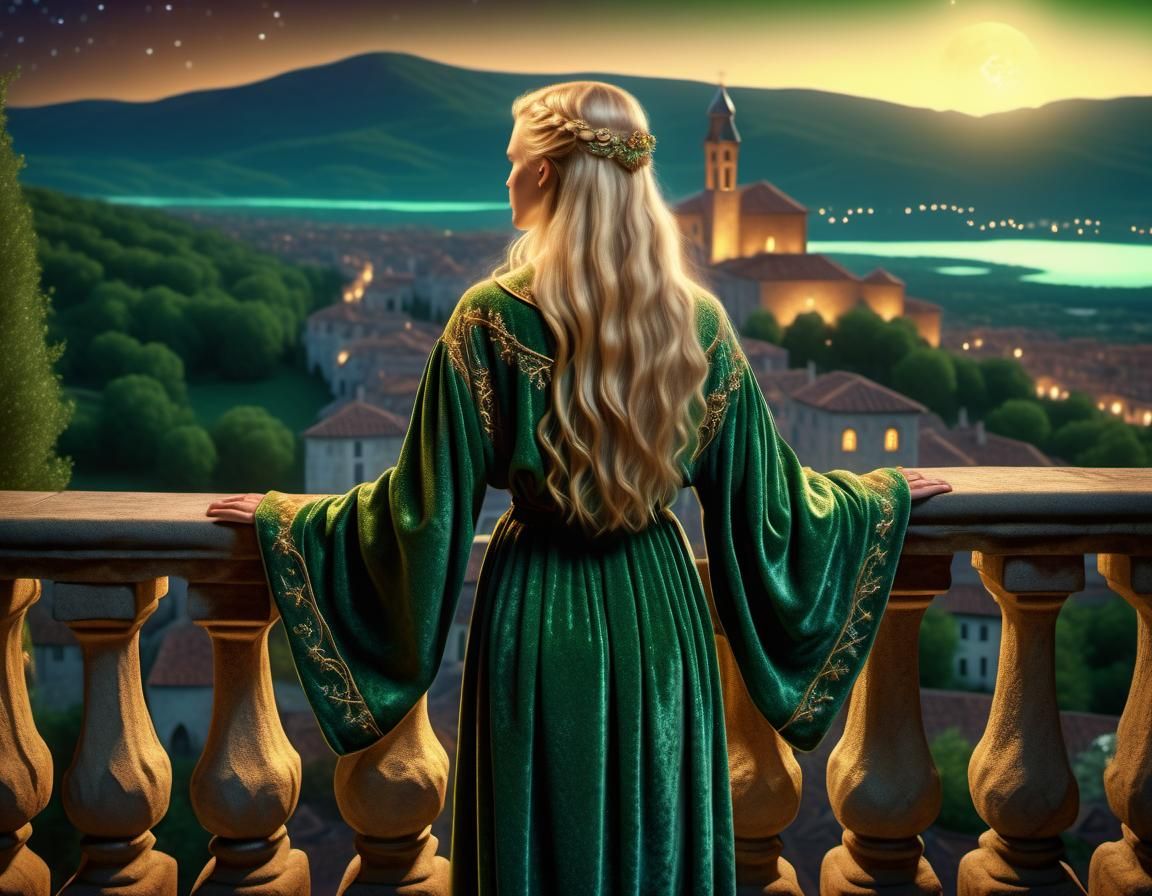 Renaissance Woman on Balcony Under Starlight