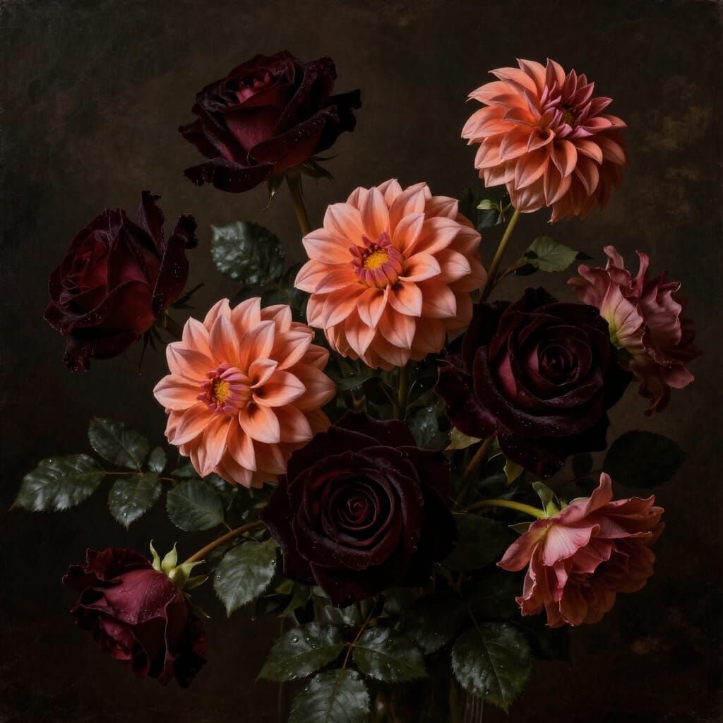 Dark Floral Still Life Painting with Roses and Dahlias