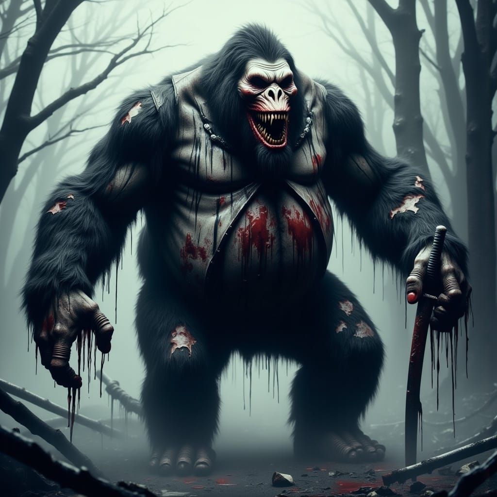 Grotesque Gorilla in Tattered Joker Uniform, Katana Sword, a...