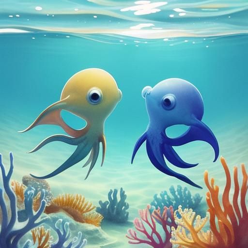 Two Small Squid in Whimsical Watercolor Style