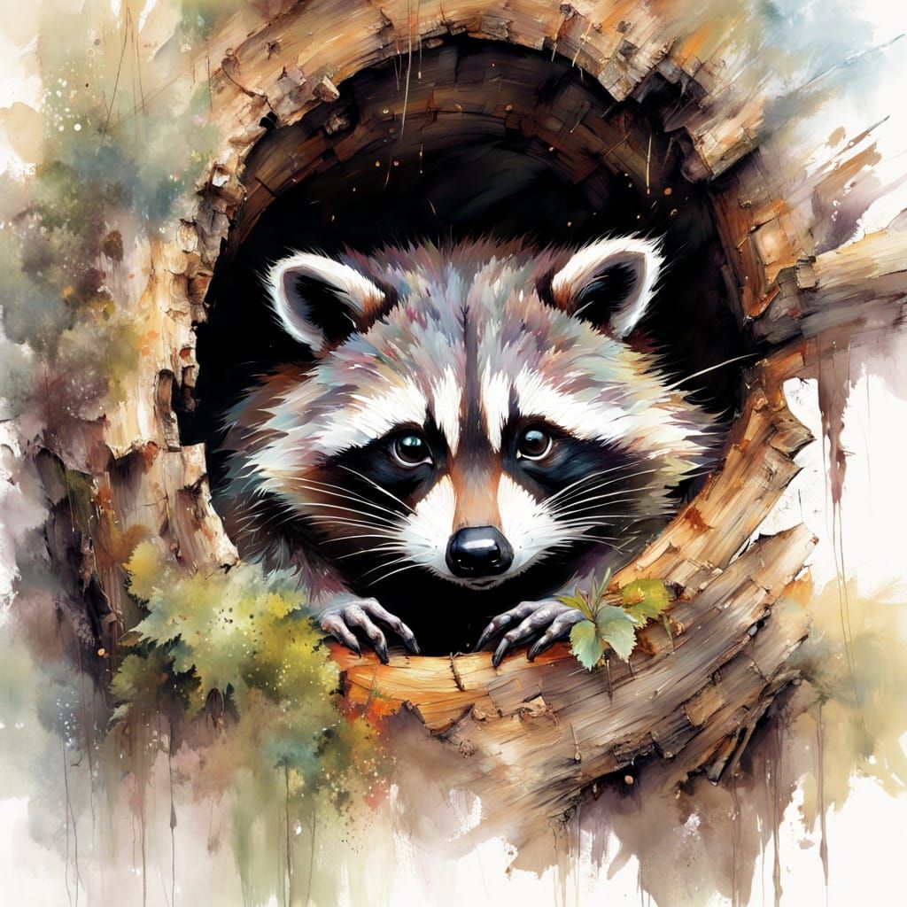 A racoon hiding in a hollow log to avoid the rain.