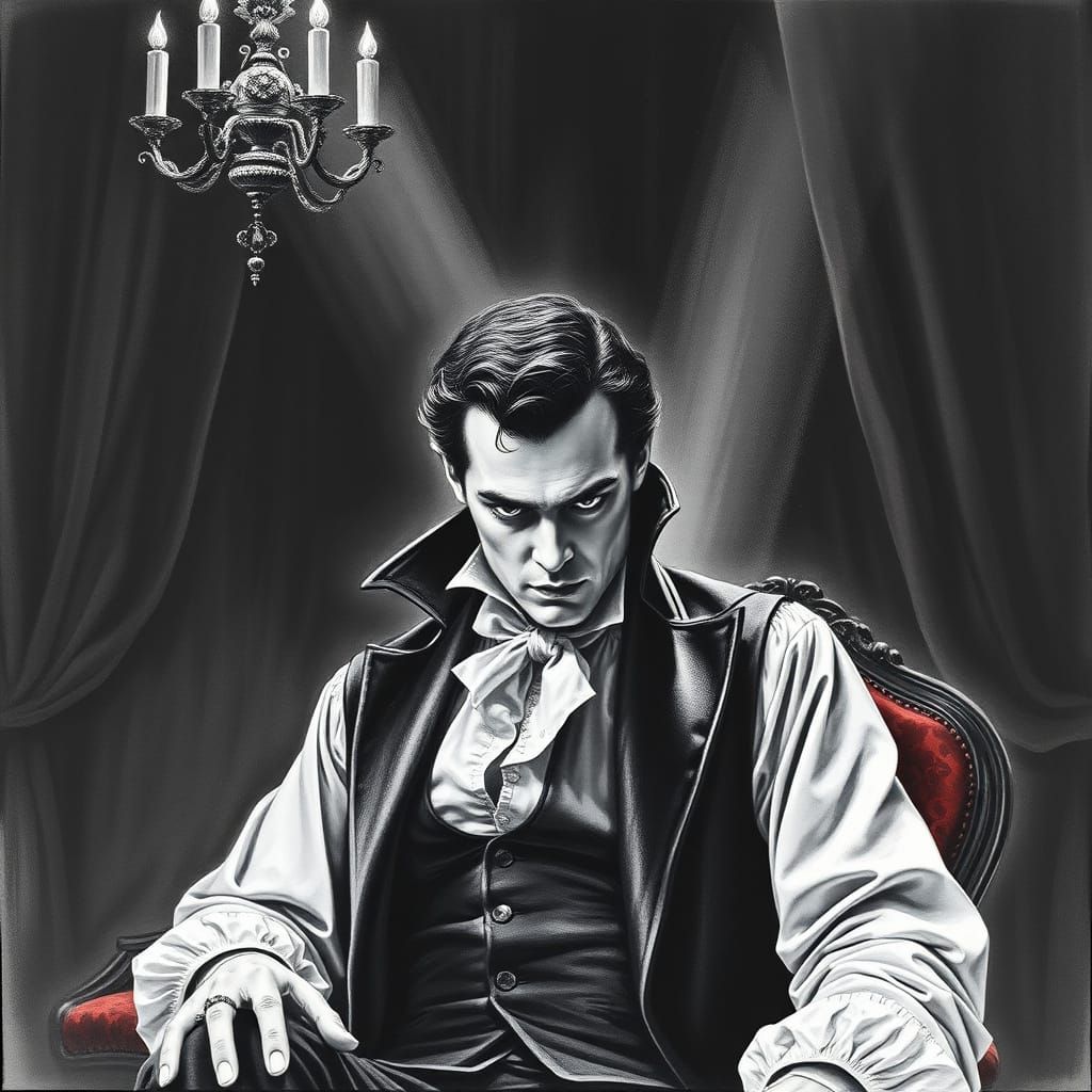 Melancholic Vampire in Gothic Parisian Salon Charcoal Drawin...