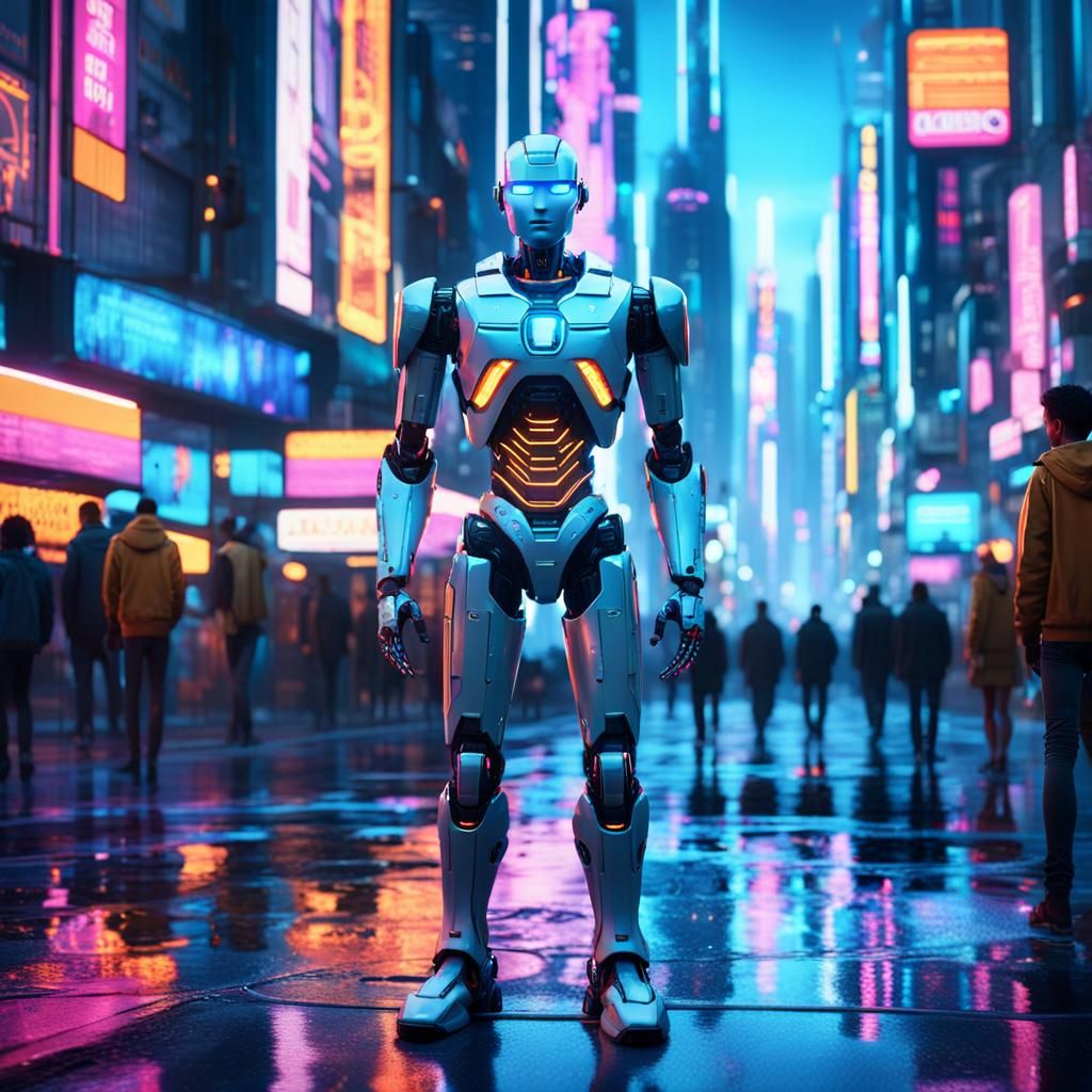 Cyberpunk Robot in Neon Cityscape, Digital Art