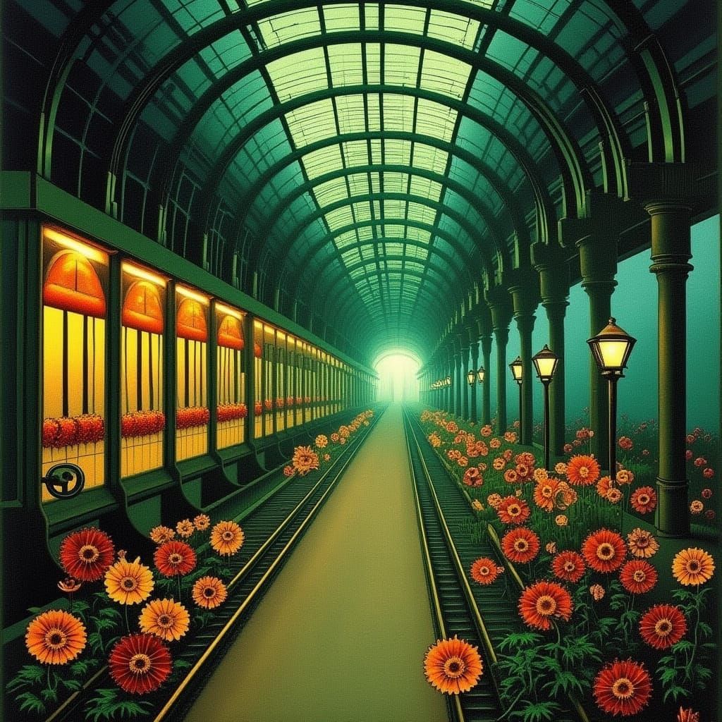 Solarpunk Train Station in Art Nouveau Style