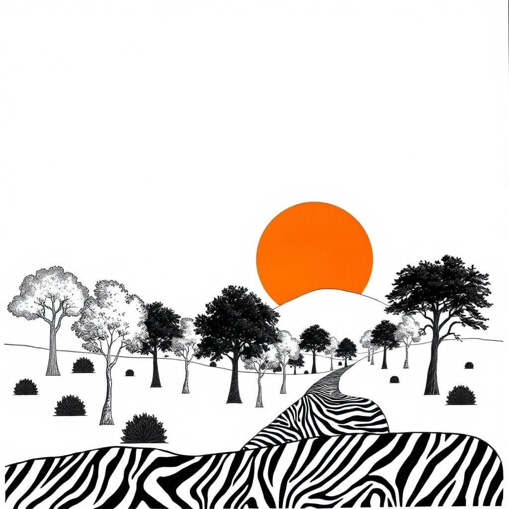 Vibrant Sunset Landscape with Trees and Zebra Pattern