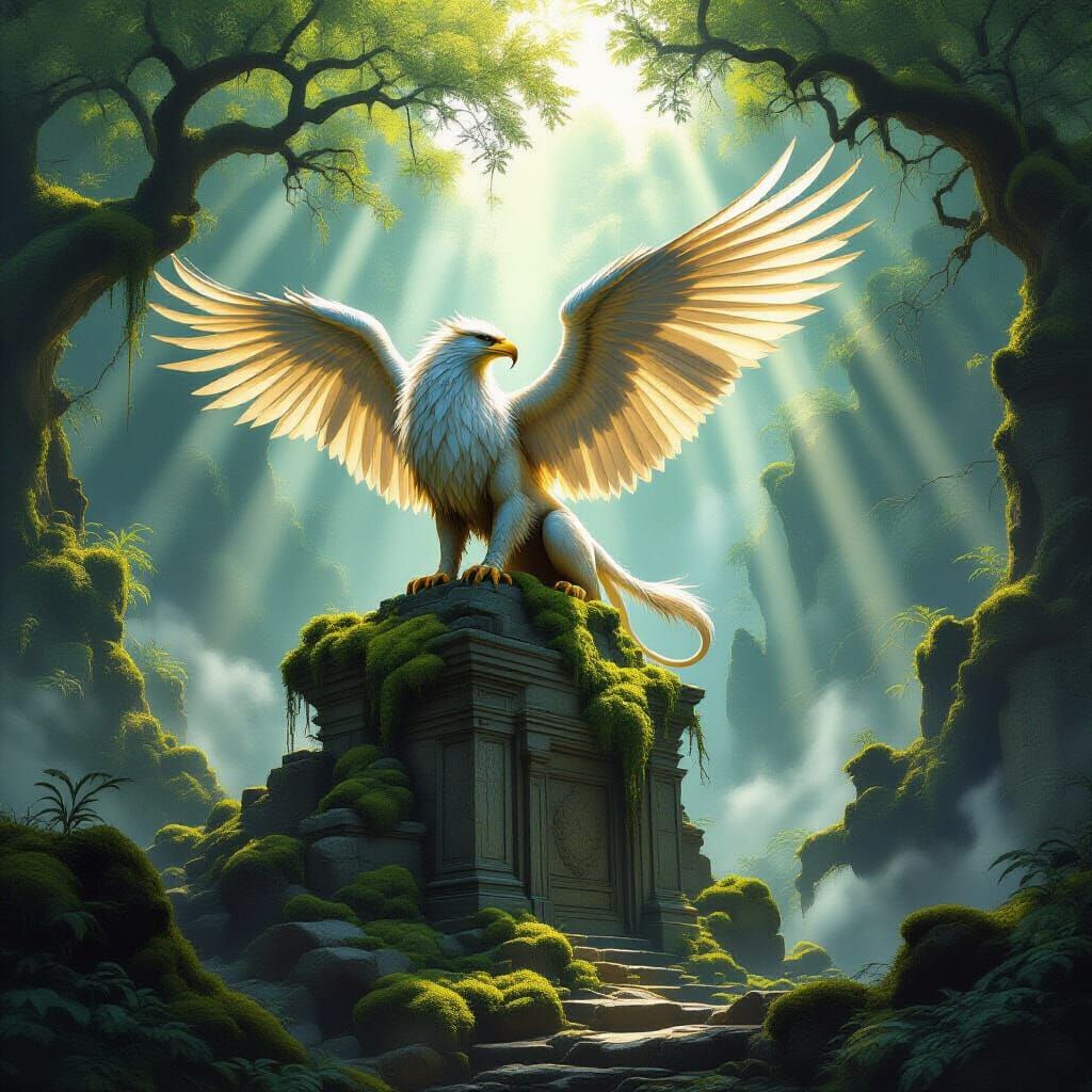 Majestic Griffin on Ancient Ruins in Mystical Forest