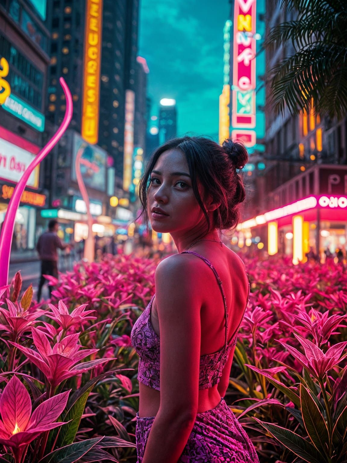 Neon Night Garden Cityscape in Cinematic Style