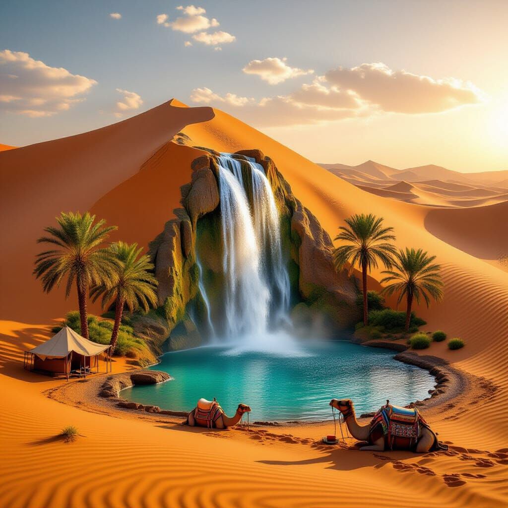 Photorealistic Sahara Oasis with Waterfall and Camel