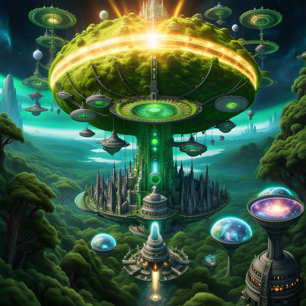 Utopian City with Celestial Elements and Glitch Art