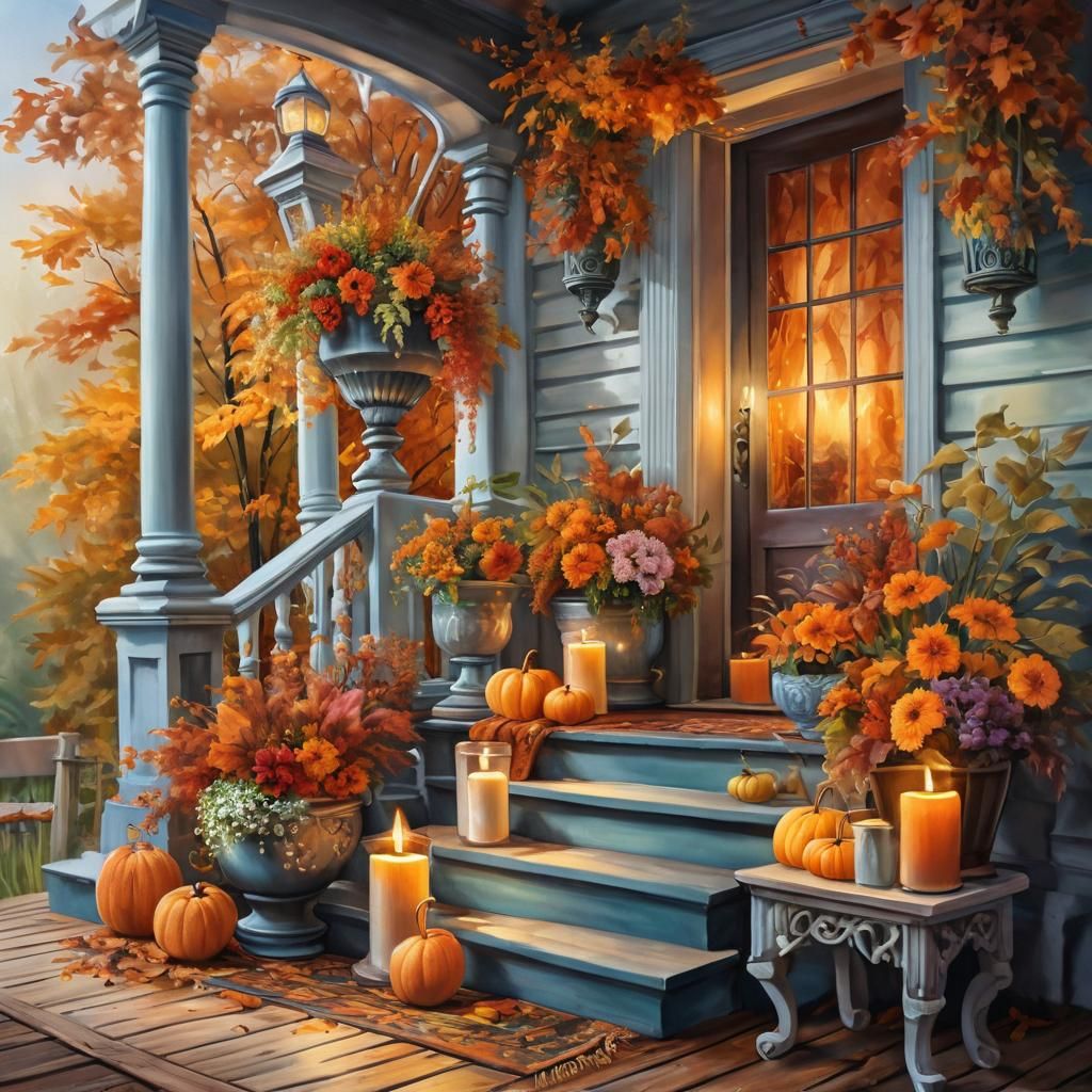 Autumn Porch in Vivid Colors as Oil Painting