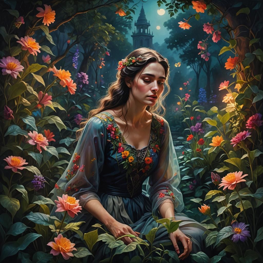 Mystical Woman in Enchanted Twilight Garden