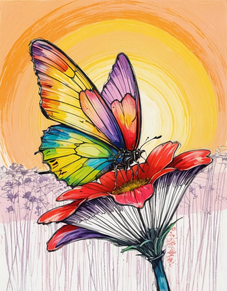 Rainbow Butterfly with Surreal Doodles in Sketch Style