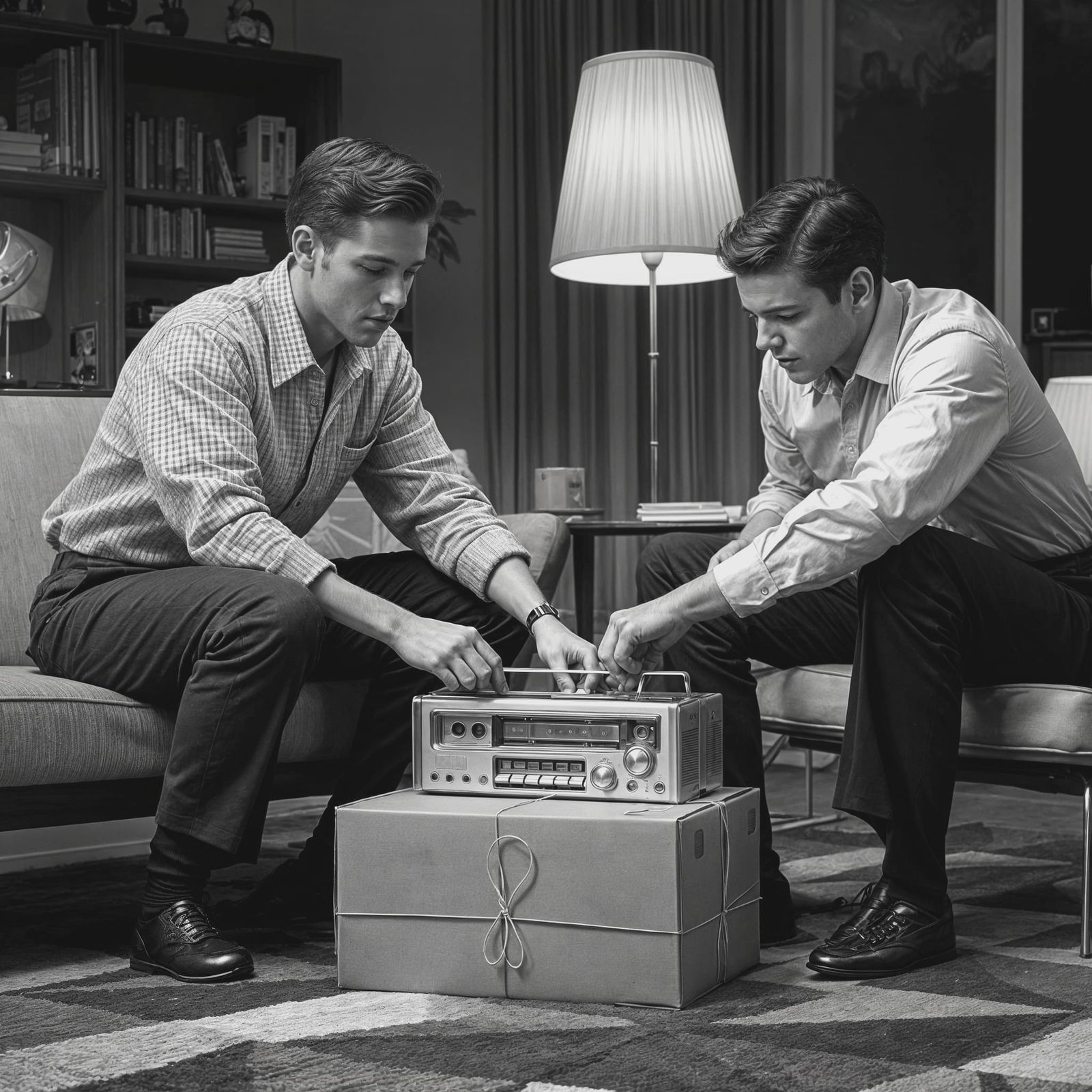Two Young Men Unbox Futuristic Mystery Device in 1950s Livin...