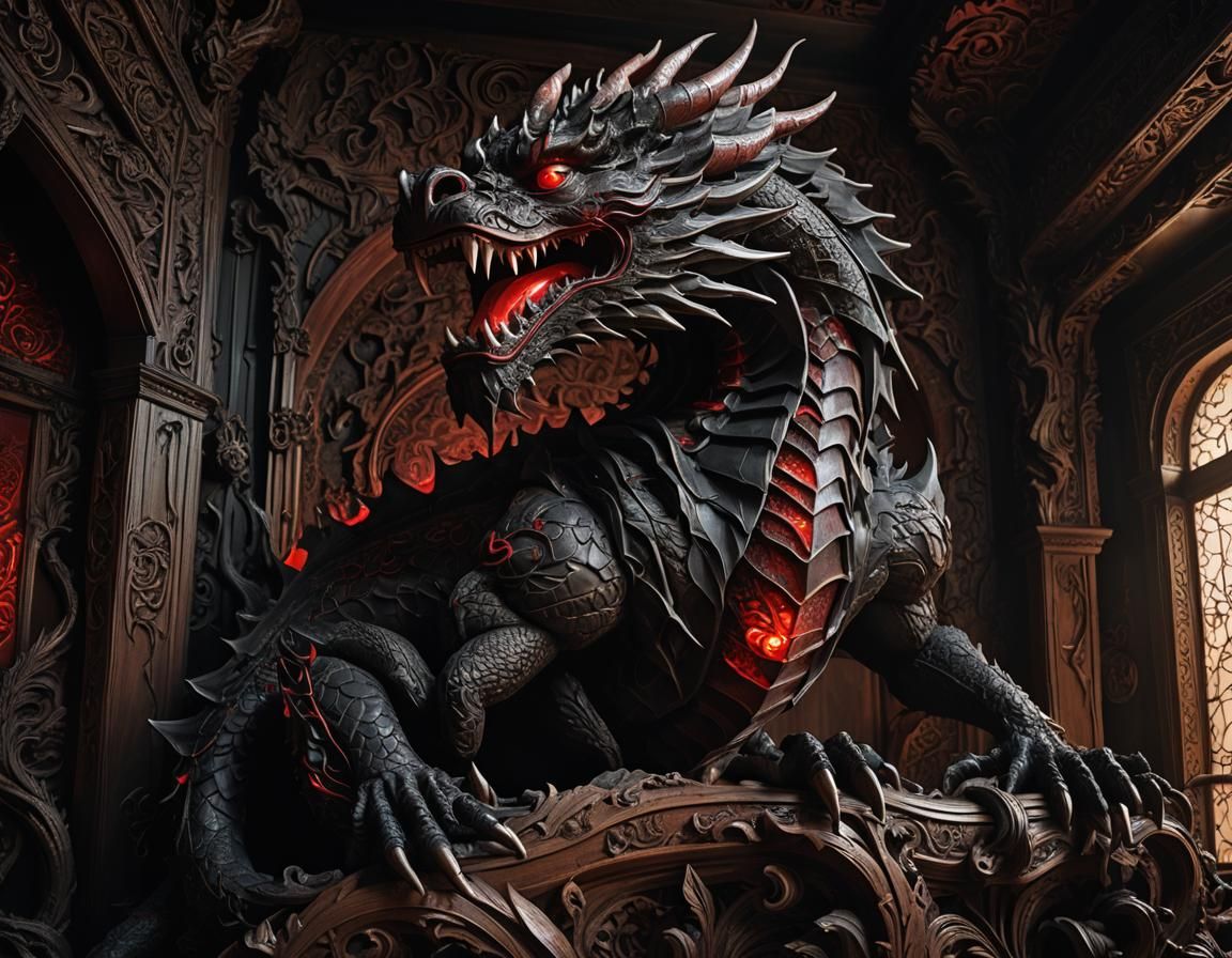 Dragon in Dark Fantasy Bedroom, Cinematic HDR