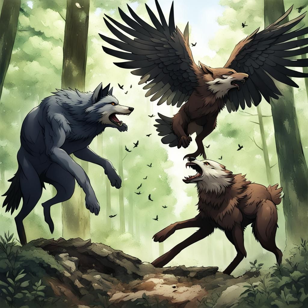 Wolves and Eagle Battle in Anime Style Forest