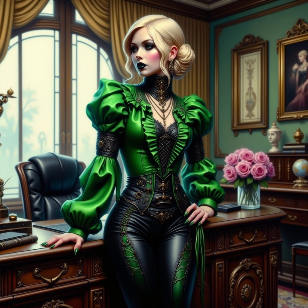 <lora:Romantic Goth:1.0> beautiful blonde with short slicked back behind the ear hair style. wearing green frilly latex ...