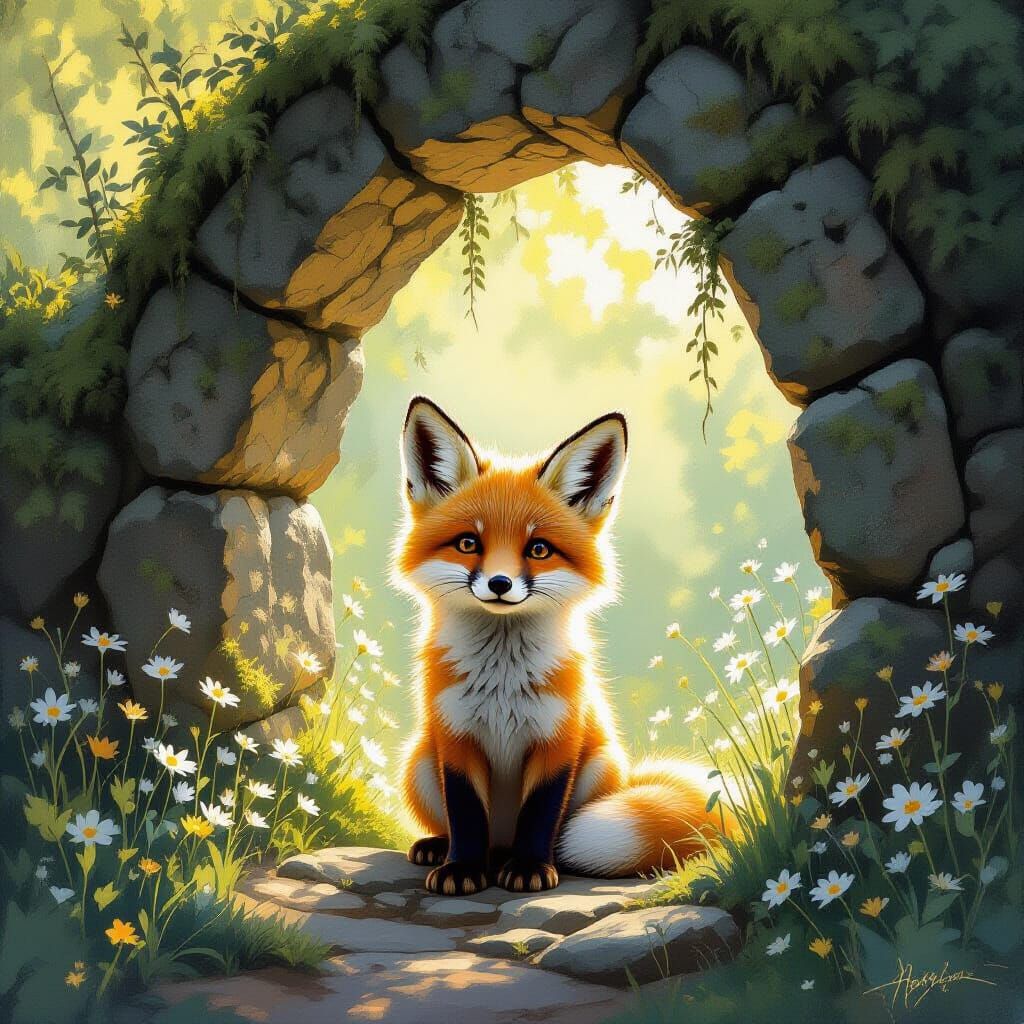 Moonlit Fox Cub Peeking Through Ancient Archway