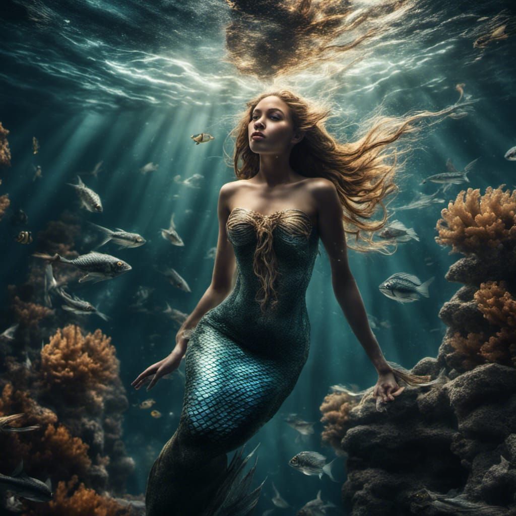 Hyperrealistic Mermaid Swimming Underwater with Fish