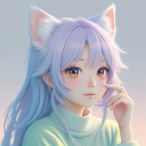 Anime Kitten Texting in Kawaii Pastel Colors