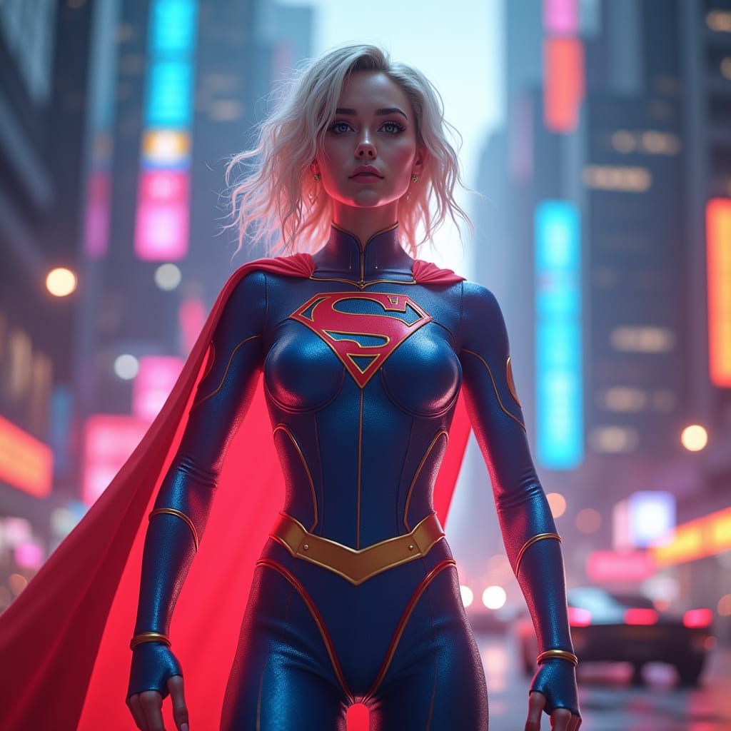 Futuristic Supergirl in Neon Metropolis, Hyperrealistic Sci-...