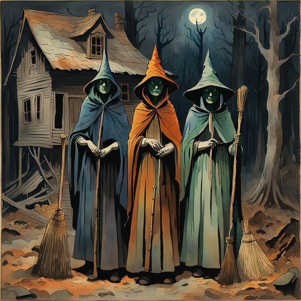 Eerie Witches in Misty Forest: Watercolor Painting