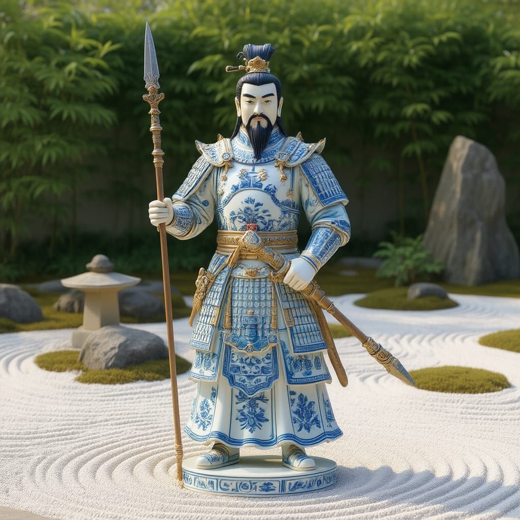 Chinese Porcelain Warrior Statue in Zen Garden