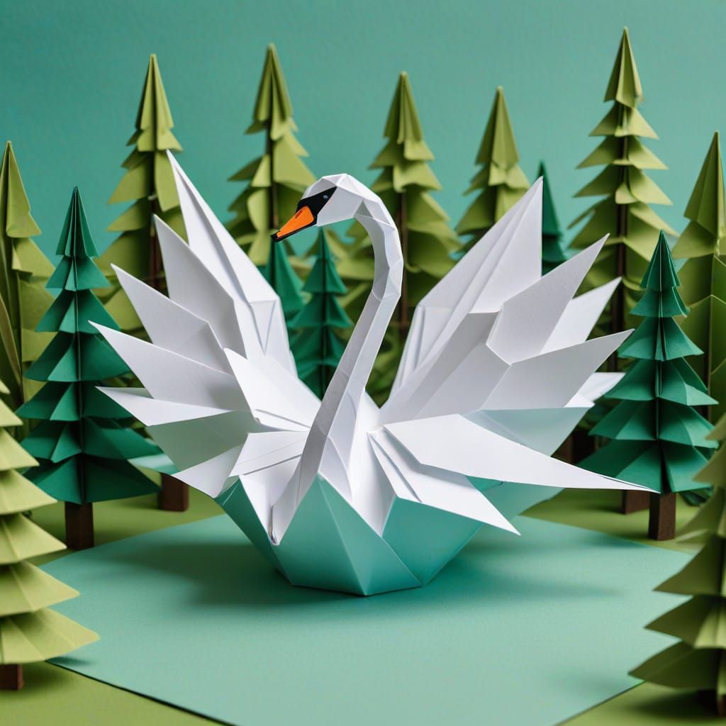 Origami Swan in Paper Forest