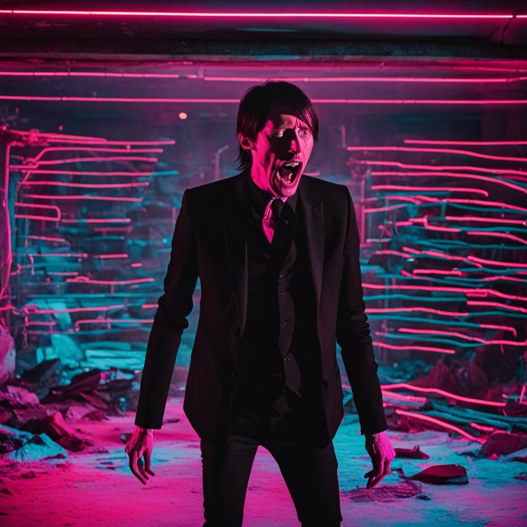 Brett Anderson screaming in a gritty neon council flat