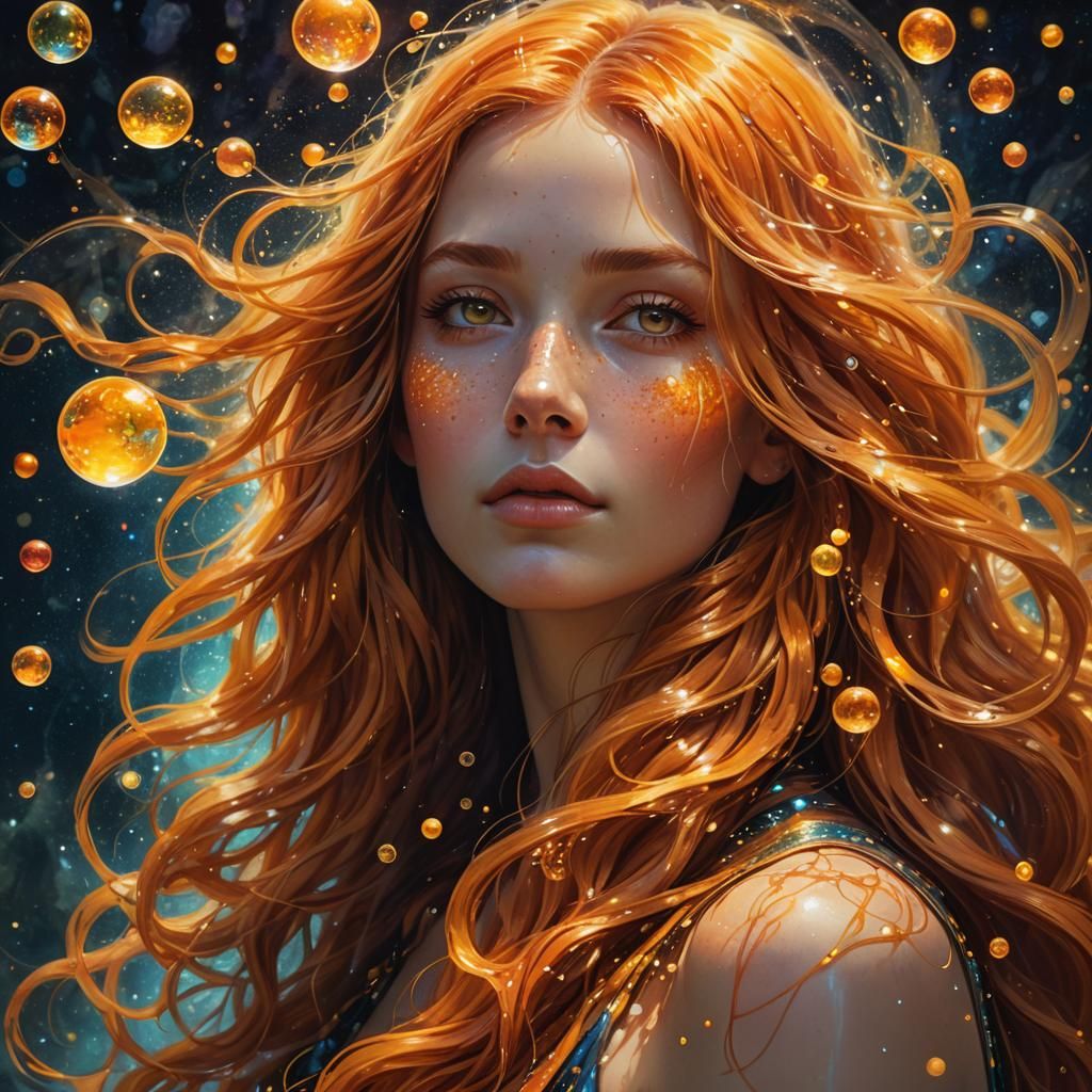 Dreamy Woman with Glowing Bubbles in Digital Art
