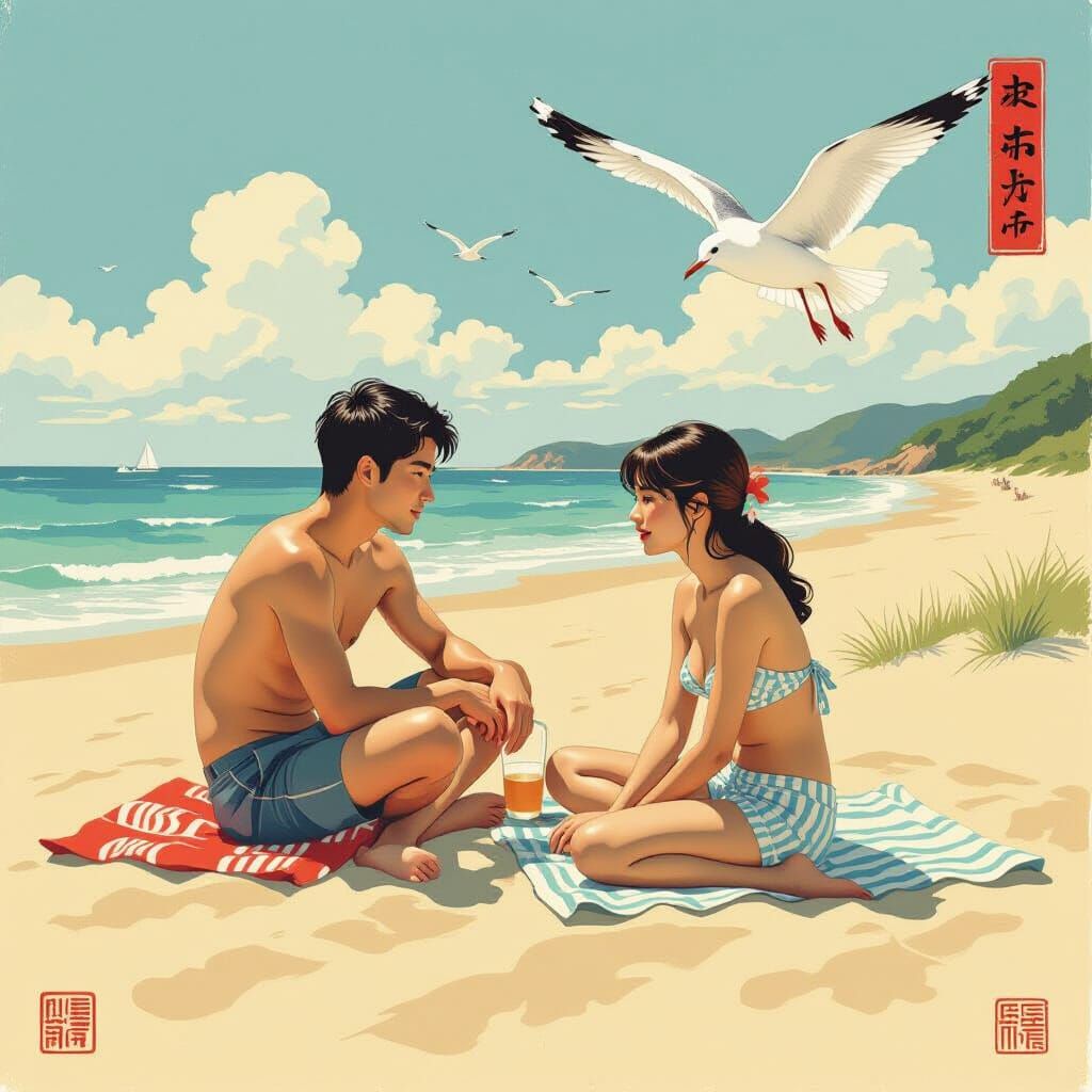 Lovers Embrace on Dunes, Japanese Ink Art