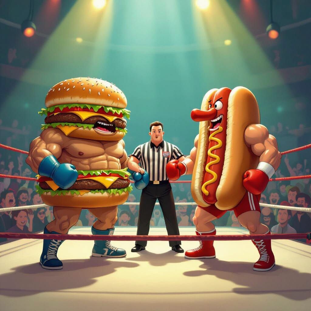 Hamburger vs Hot Dog Wrestling Match with Referee