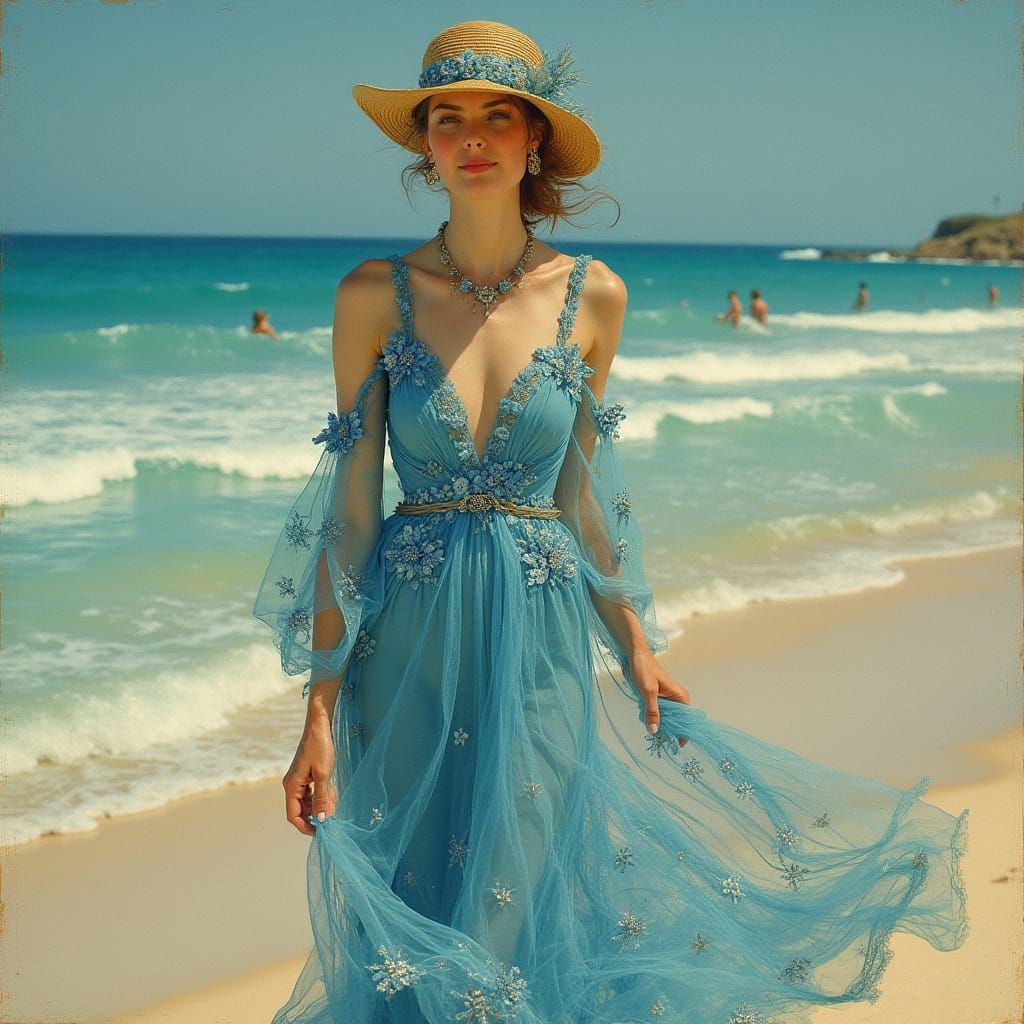 Elegant Woman in Blue Lace Dress, Art Nouveau Style