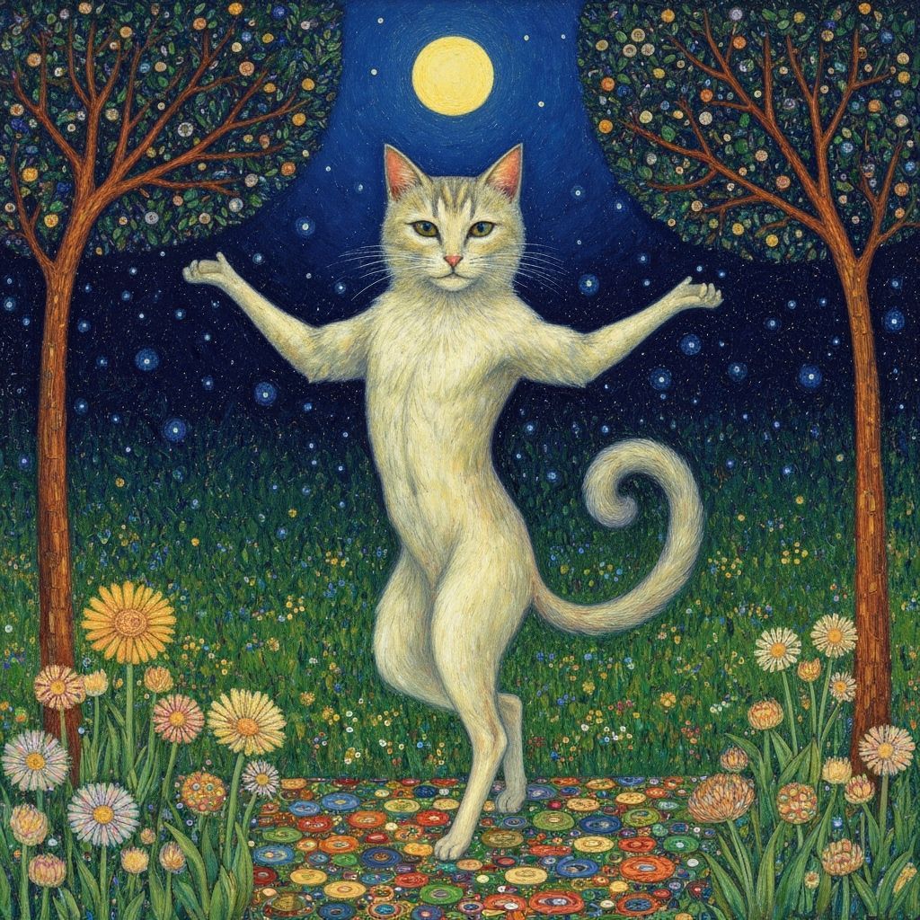 Mystical Cat Dancing in Enchanted Night Garden