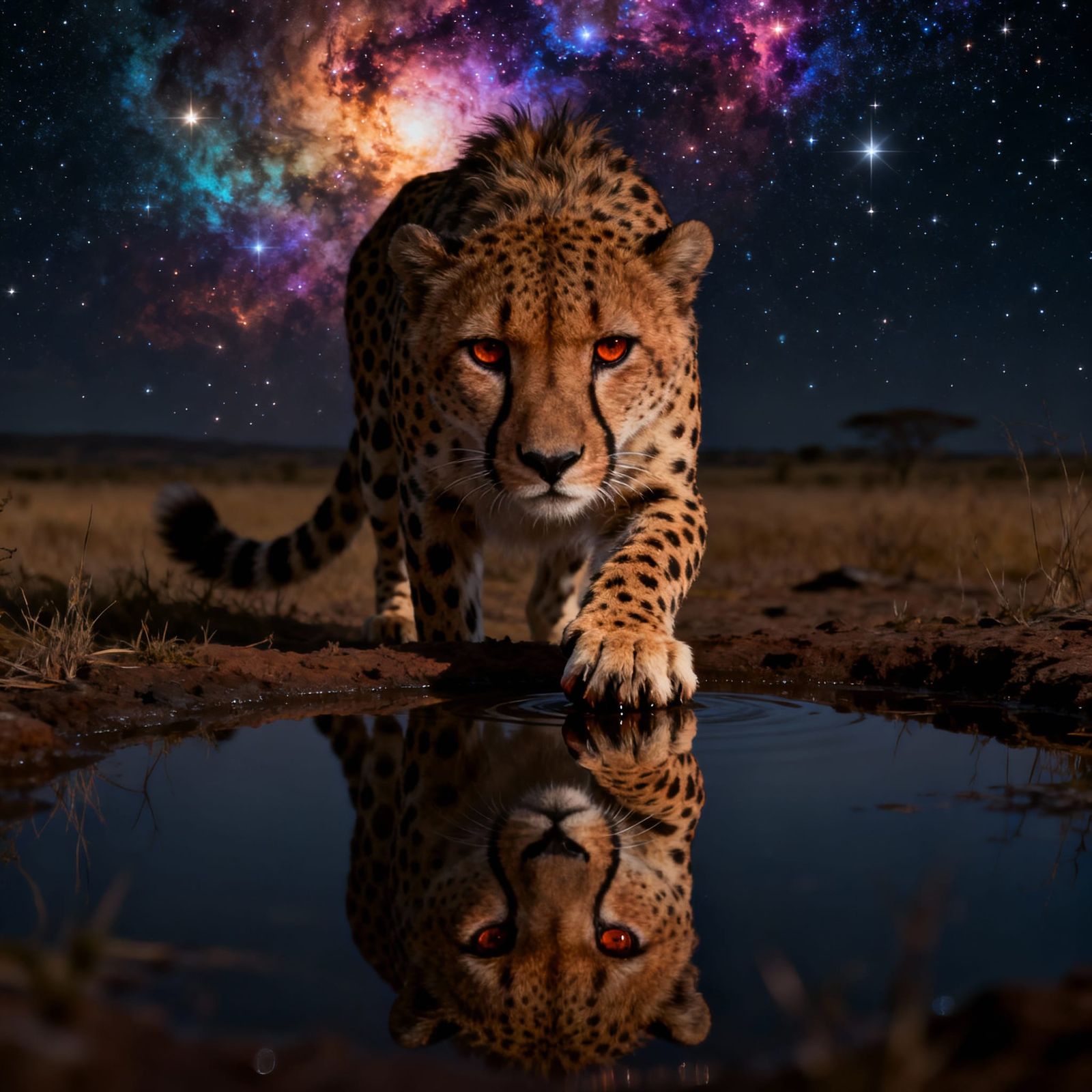 Cheetah Touches Reflection Under Starry Sky