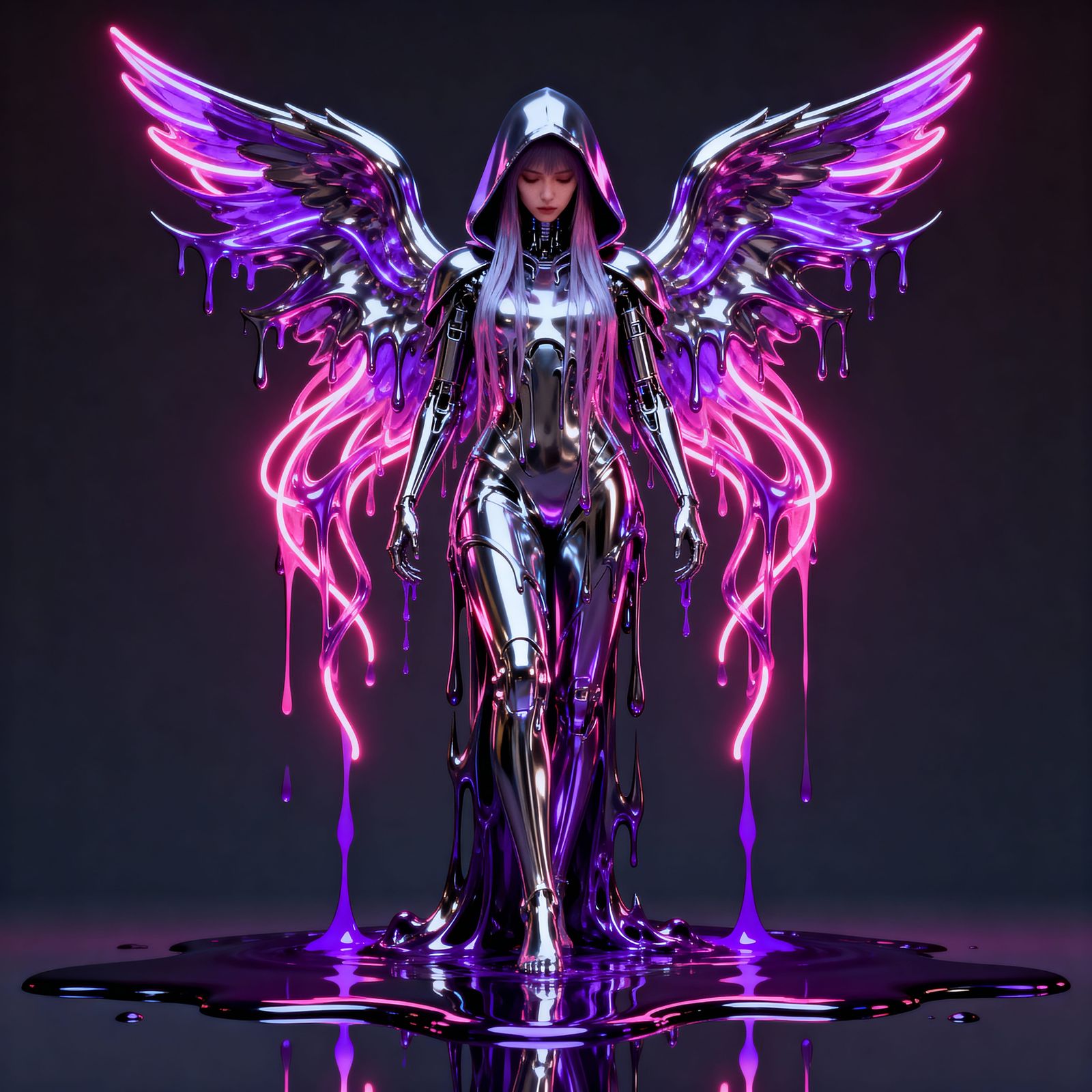 Futuristic Chrome Angel With Violet Light Wings