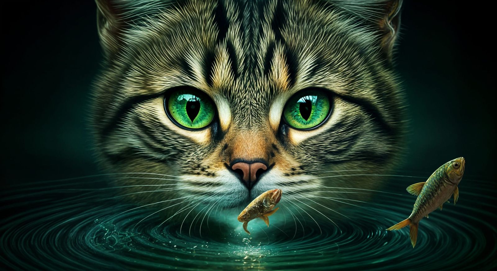 Whimsical Surrealism: Cat's Dreamy Catch in a Fractal Pond