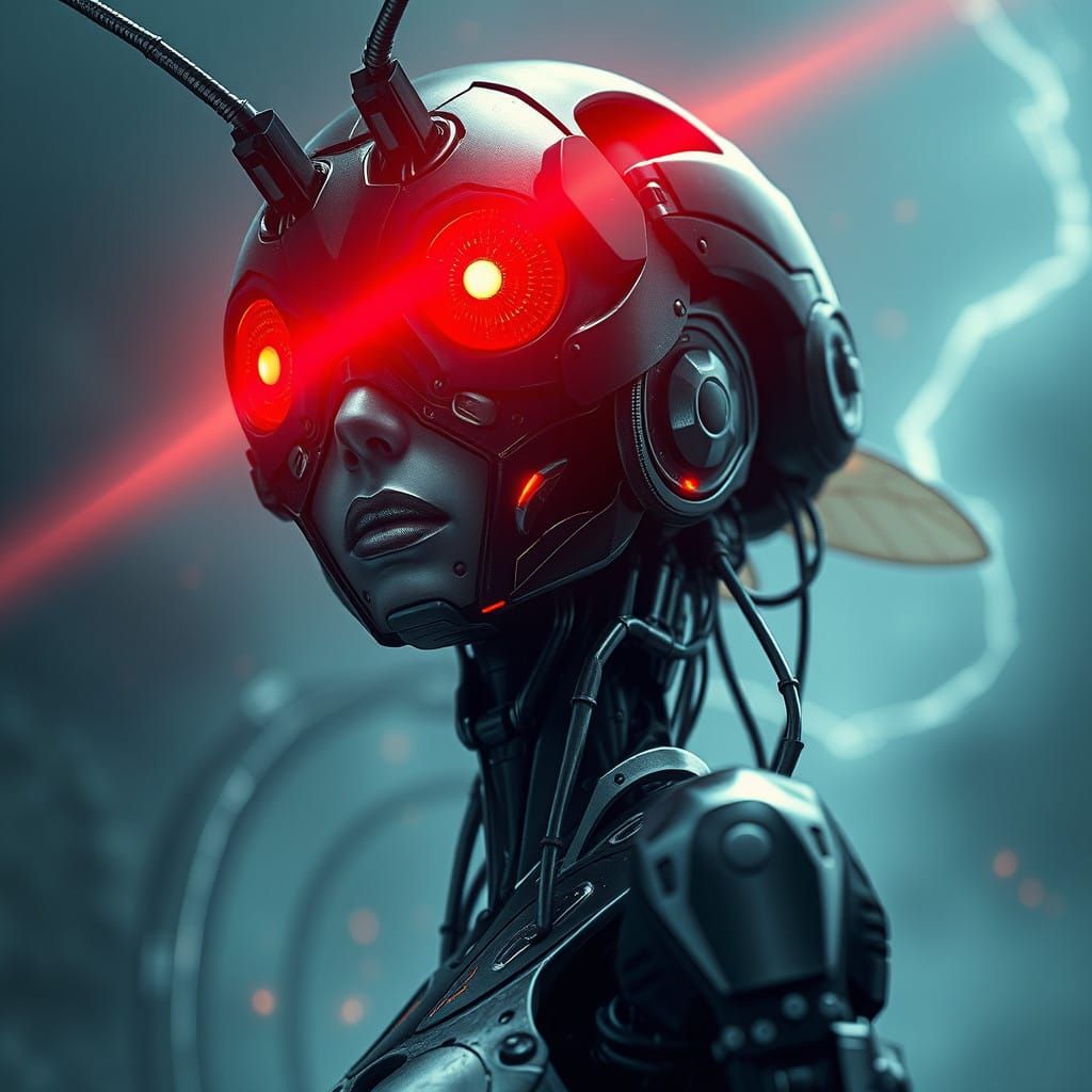 Glowing Female Cyborg in Insectoid Exoskeleton