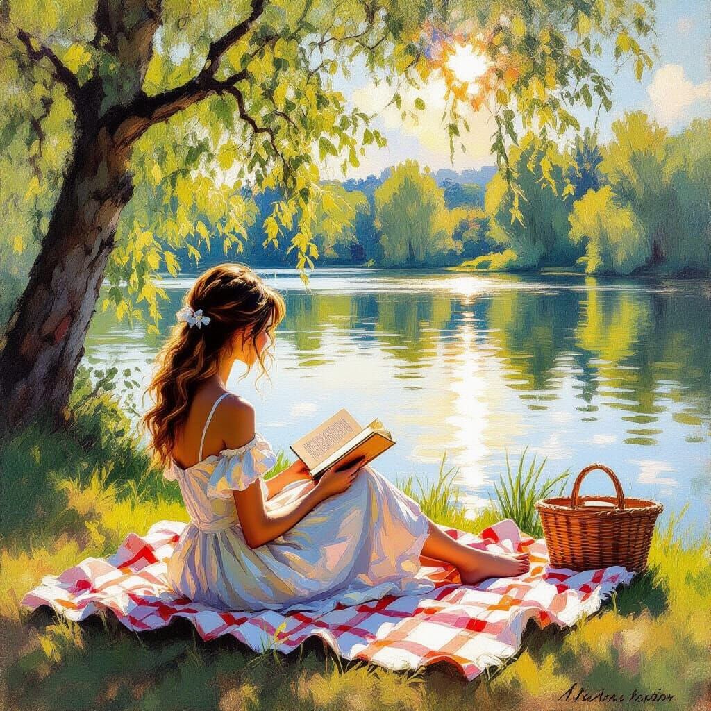 Woman Reading by Lake in Impressionistic Oil Painting Style