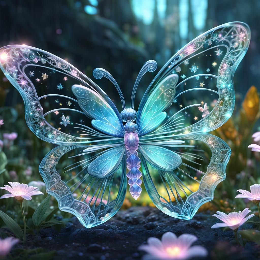 Crystal Butterfly in Enchanted Garden, Digital Art