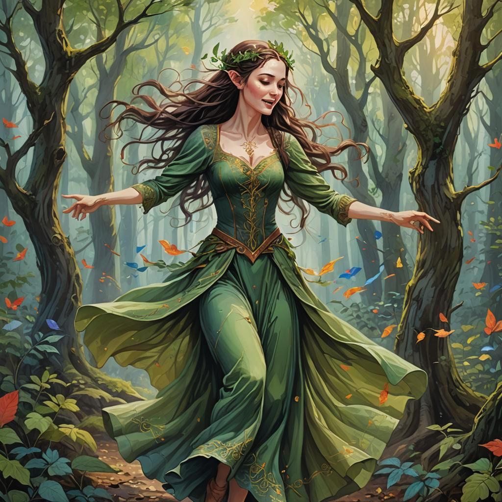 Elven Woman Dancing Joyfully in Forest