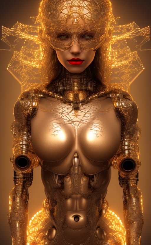 Cyborg Queen with Gold Headgear, Hyperrealistic 3D Render