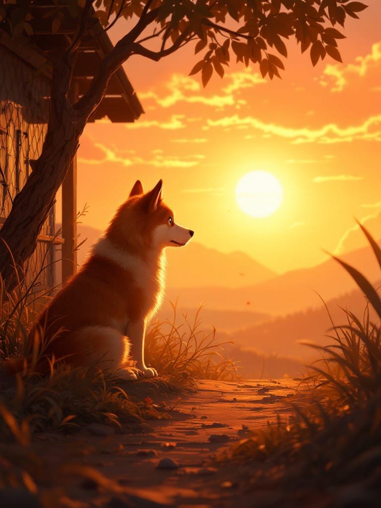 Golden Hour Dog in Animated Style